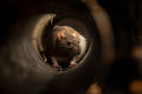 A common rat crawls through an empty pipe. | Geiger's Pest Services