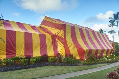 A red and yellow striped fumigation tent covers a home in a tropical setting. | Geiger's Pest Services